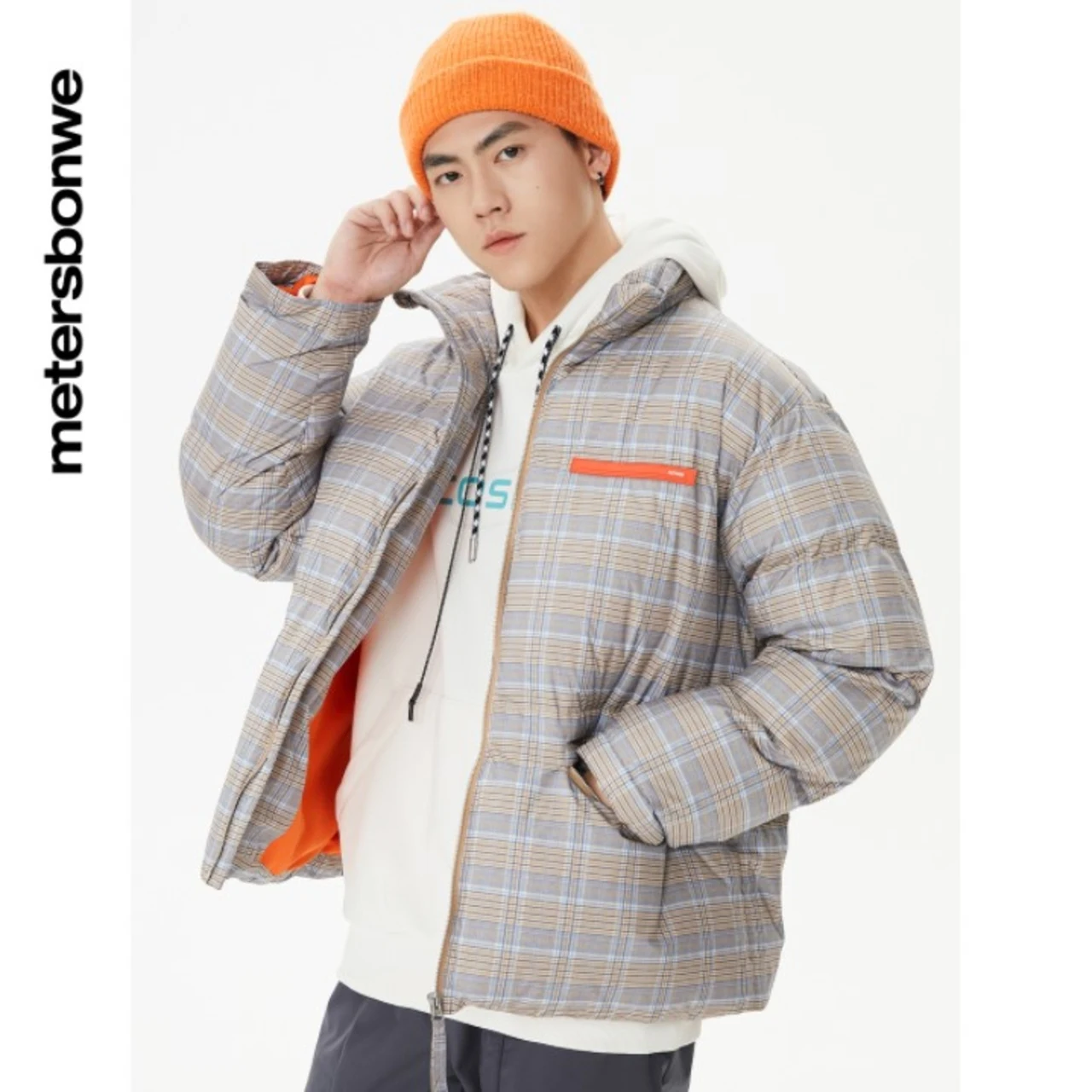 Metersbonwe Men's Plaid Stand Collar Short Down Jacket 90% Duck Down Thick Warm Wear Loose High Quality Winter Down Coats