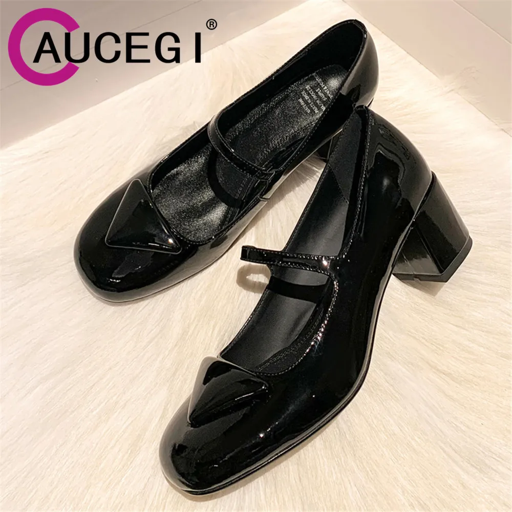 

Aucegi New Spring Fashion Women Thick High Heels Shallow Square Toe Pumps Elegant Slip On Buckle Strap Party Dress Shoes Black