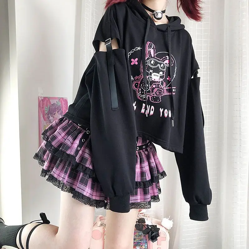 

NIGGEY Chainsaw Crazy Rabbit] Autumn New Girls College Style Dark Hooded Short Sweater Splicing Belt Hollowed Out