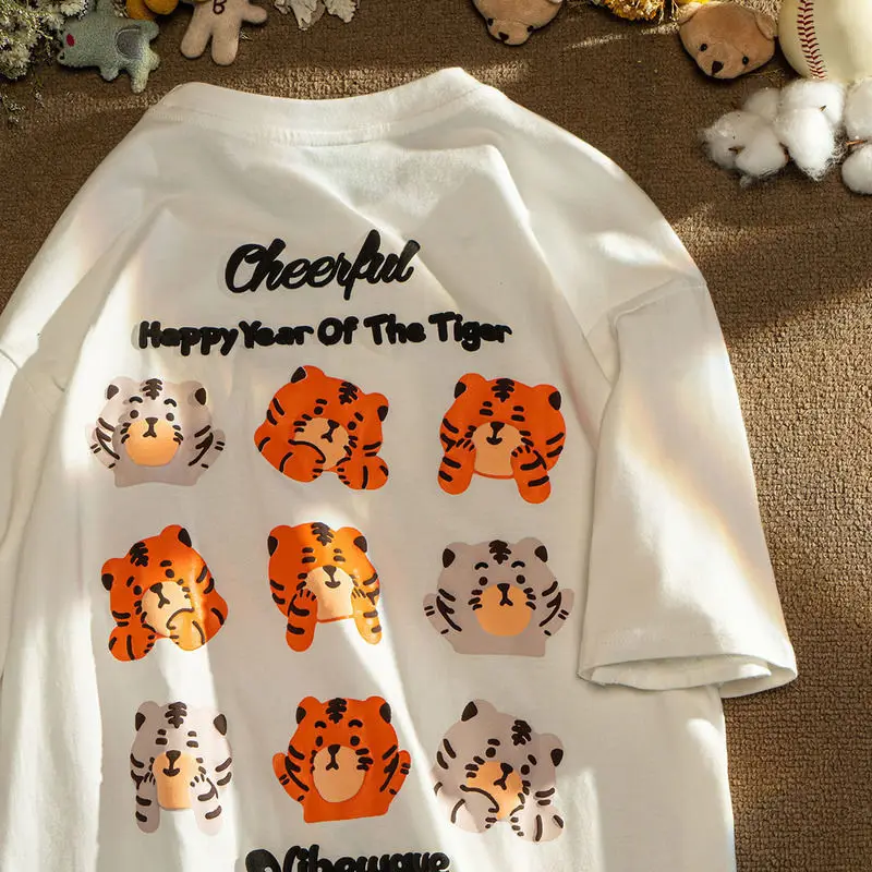 

Винтажные шикарные футболки в стиле хип-хоп с графическим принтом головы тигра, кавайная одежда, хлопковые парные Топы больших размеров 3XL в стиле Харадзюку для подростков, лето 2022