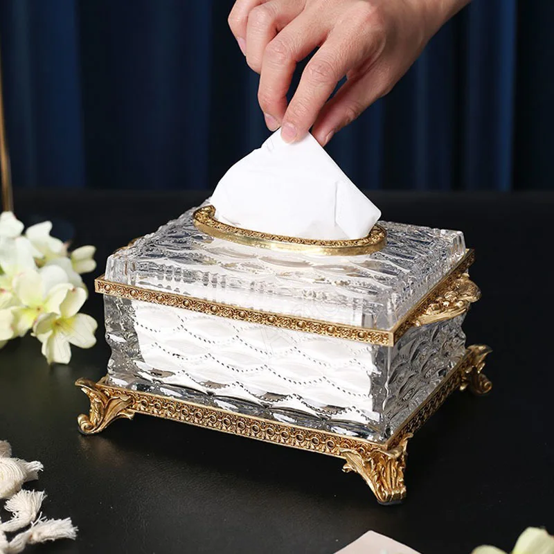 

European Glass Tissue Box Creative Brass Embossed Decorative Living Room Paper Boxes Western Restaurant Desktop Napkin Container