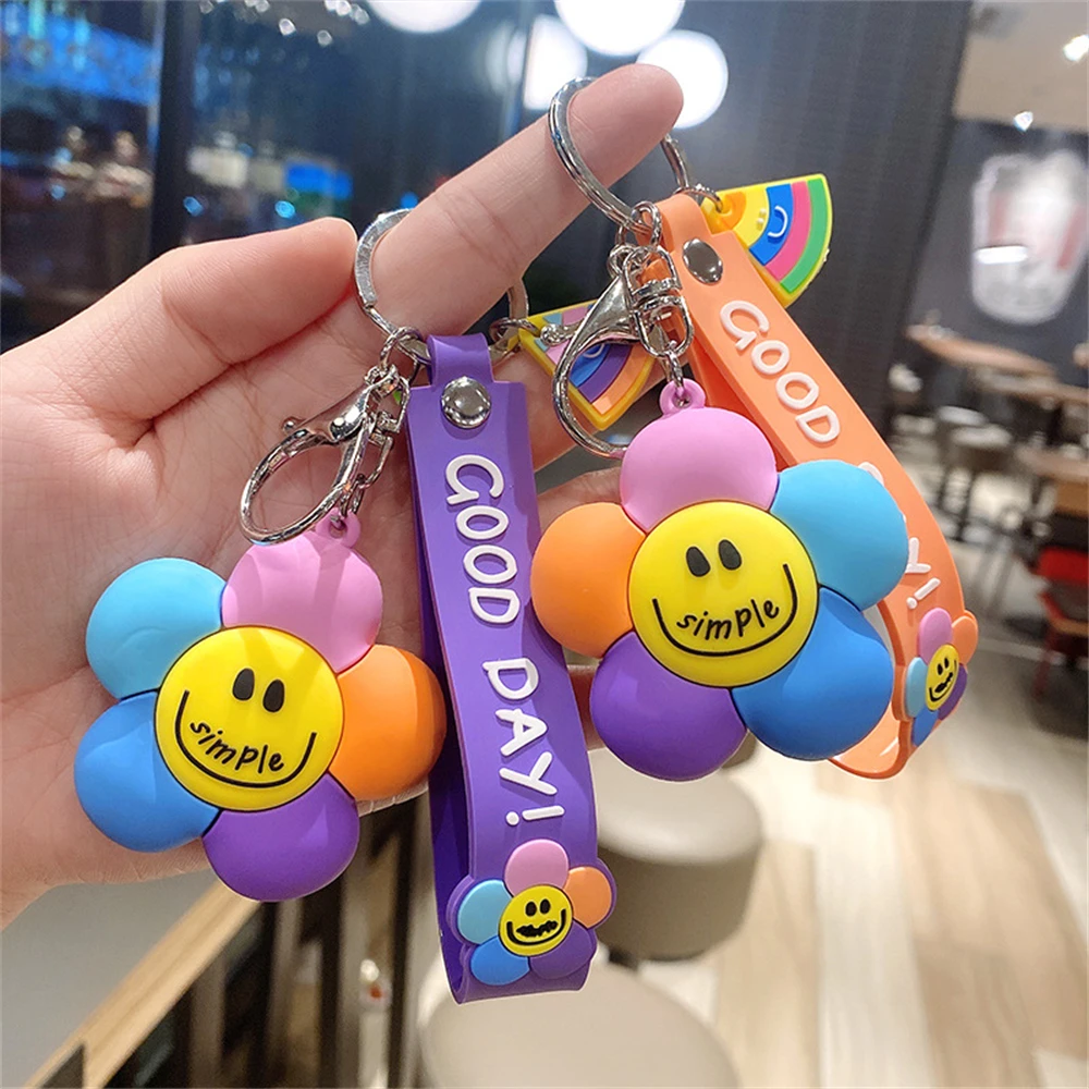 

Colorful Smiling Face Flower Keychain Girl Package Bag Silicone Sunflower Pendant Car Key Accessory Cute Gift Decoration Keyring