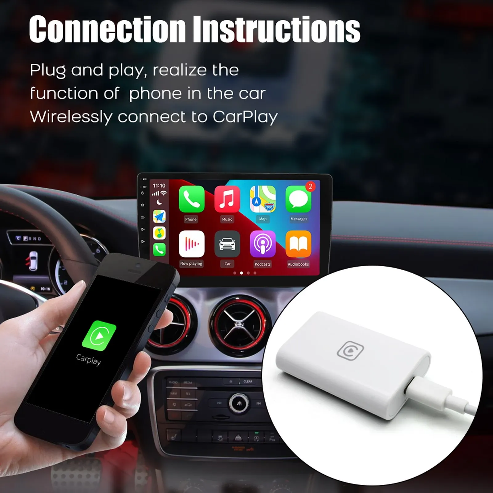 Беспроводной адаптер для Carplay USB-адаптер Поддержка беспроводного экрана CarPlay и