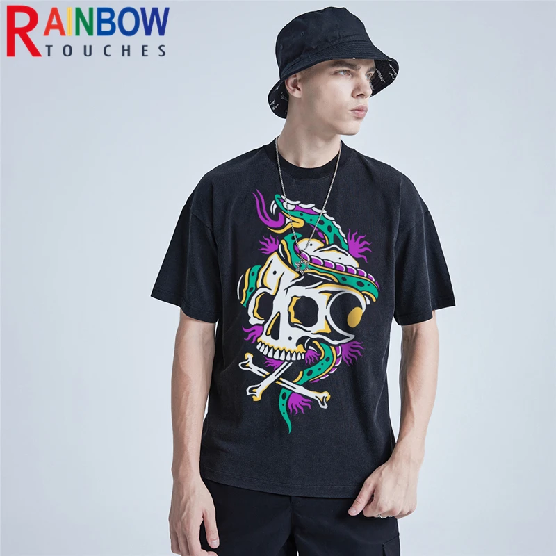 

Rainbowtouches Washed T Shirt Men Original Brand Vintage Unisex High Street Skulls Snake Oversize Fashion Men Graphic T-Shirts