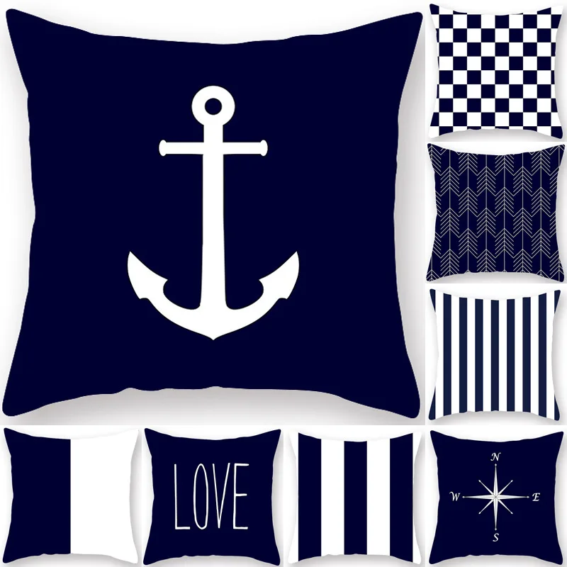 

Blue Nordic Style Pillow Case Anchor Pillow Cover Stripe Blue Geometric Pillowcase Home Car Decorative Custom Cushions Cover