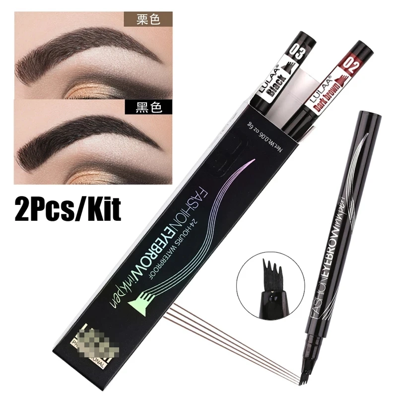 

2PCS/SET Liquid 4 Fork Tips Eyebrow Tattoo Pencil Waterproof Long Lasting Black Brown Cosmetics Makeup Natural Eye Brow Pen