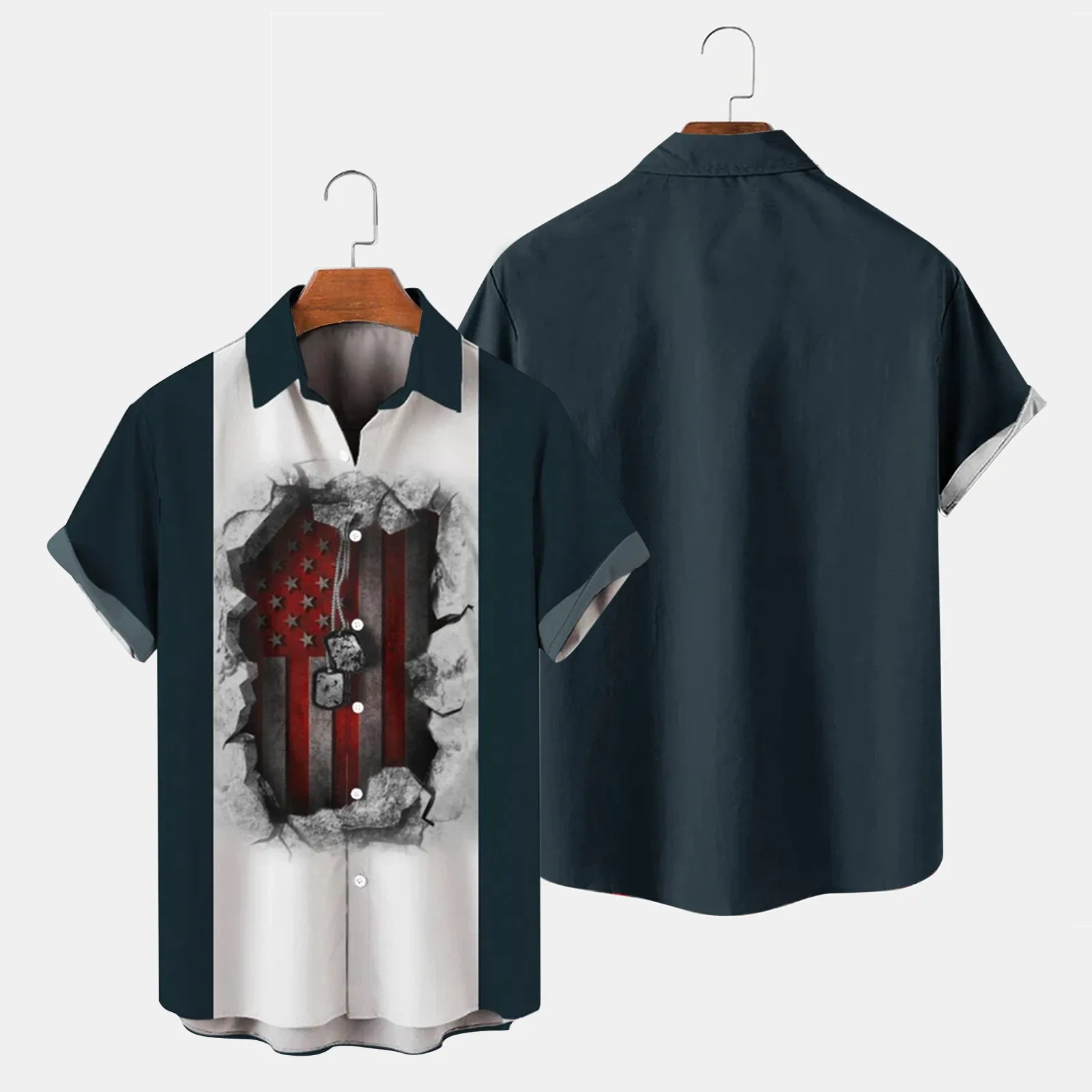 

Mens Fashion And Leisure 3D Digital Printing Buckle Lapel Short Sleeve Shirt Top Short Sleeve Bodysuit