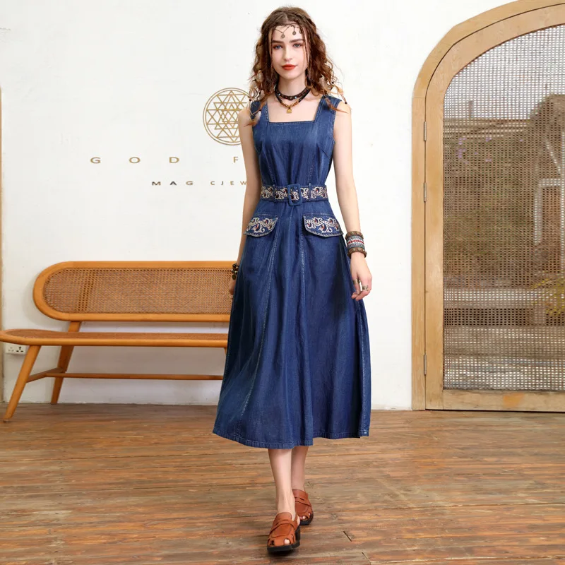 

Vintage Embroidery Jean Dress Summer Women Fashion Back Zipper Sleeveless Camisole Dress Lady Casual Sashes A-Line Denim Dresses