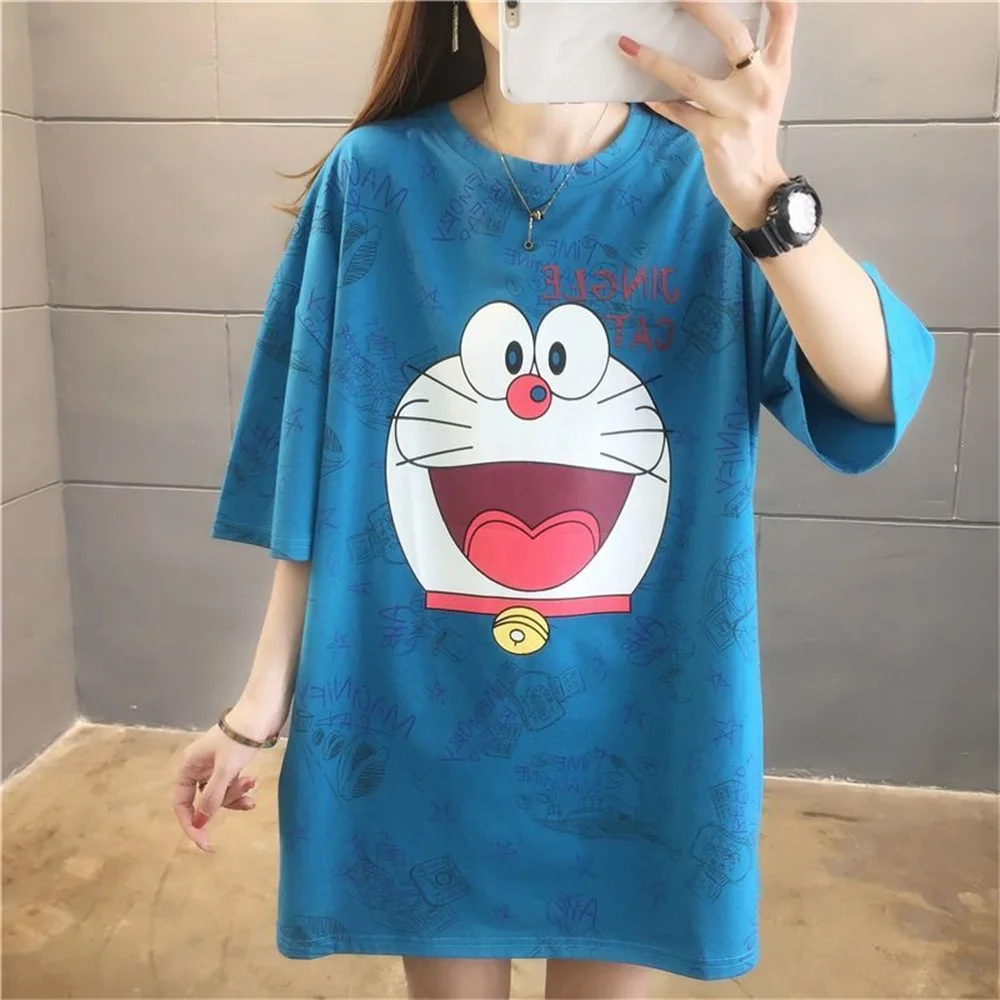 

Женский Свободный Топ белого и синего цвета с мультяшным дораэмоном, в Корейском стиле, для студенток, в стиле Харадзюку, Y2k, красивая Эстети...