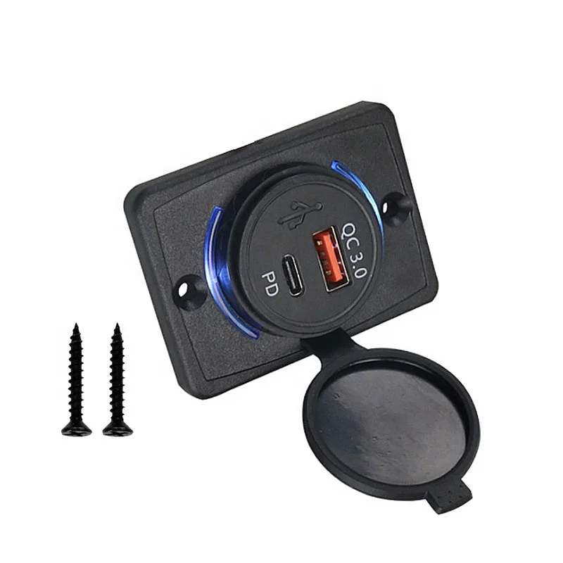 

DC 12V Flat Surface Panel Mount Dual Socket QC 3.0 Type C Car Seat USB Bus Charger