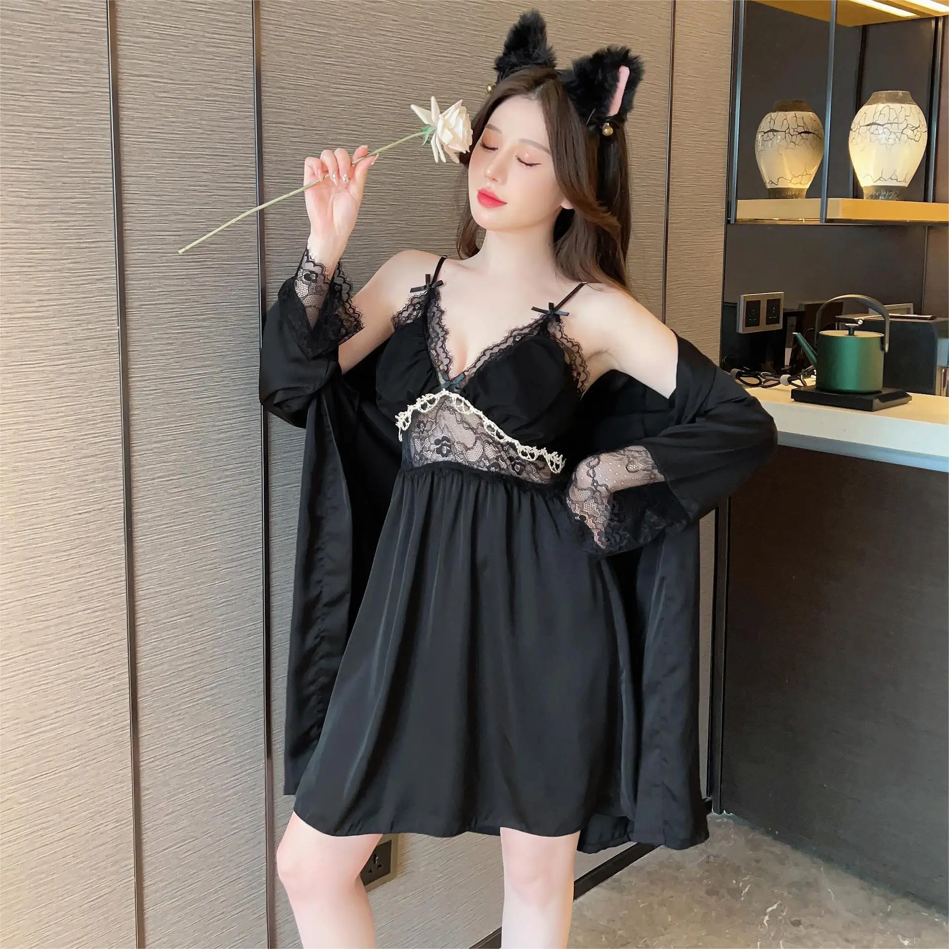 Костюм женский кружевной с вырезами атласная ночная рубашка одежда для сна