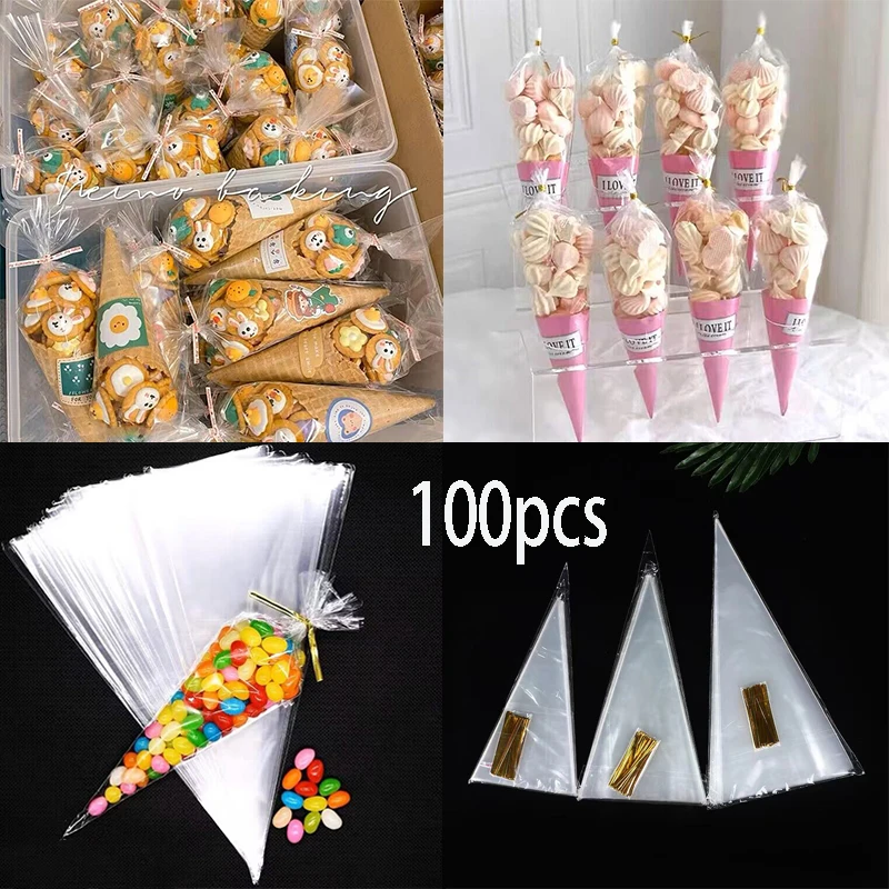 

100pcs Clear Cone Candy Storage Bags Cones Transprant Plastic Bag Popcorn Candy Bags for Baby Shower Wedding Party Favors Bag