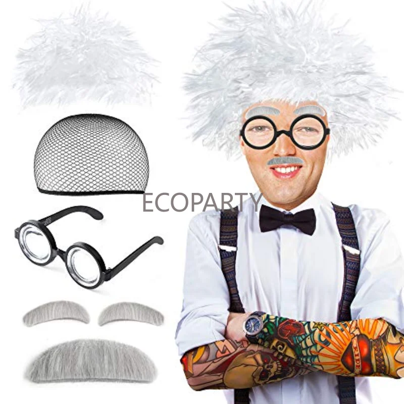 Beelittle Old Man Mad Scientist Wig Set Albert Einstien Ben Benjamin Franklin Grandpa Costume Wig Eyebrows Mustache Glasses