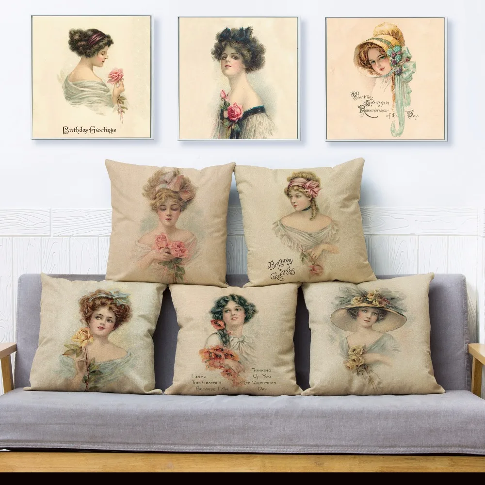 

Europe Vintage Woman Lady Girl Print Throw Pillow Cover 45*45 Square Cushion Covers Linen Pillow Case Home Decor Pillows Cases