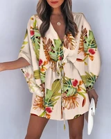 summer mini loose dress casual drawstring tie up fashion print batwing sleeve beach sexy button v neck women party dresses