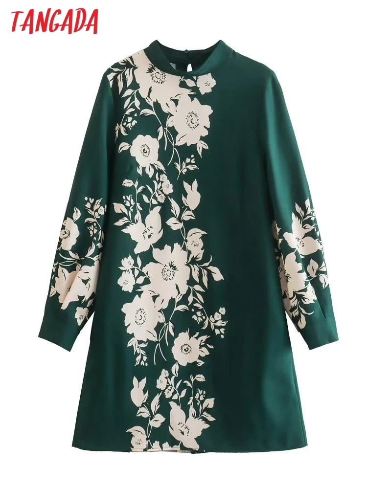 

Tangada 2022 Fashion Women Flower Print Stand Collar Dress Office Ladies Mini Dress 5Z115
