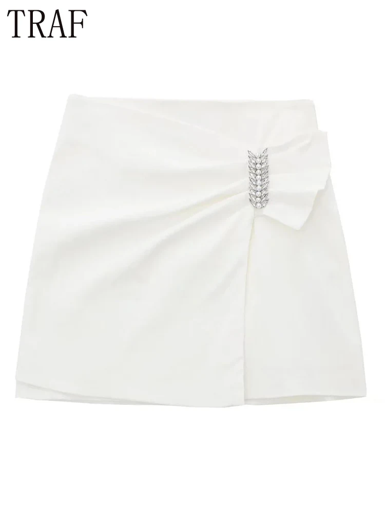 

TRAF White High Waist Short Skirts Womens 2022 Shiny Buckle Mini Skirt Women Pleated Elegant Y2K Skirt Ruched A Line Skirt