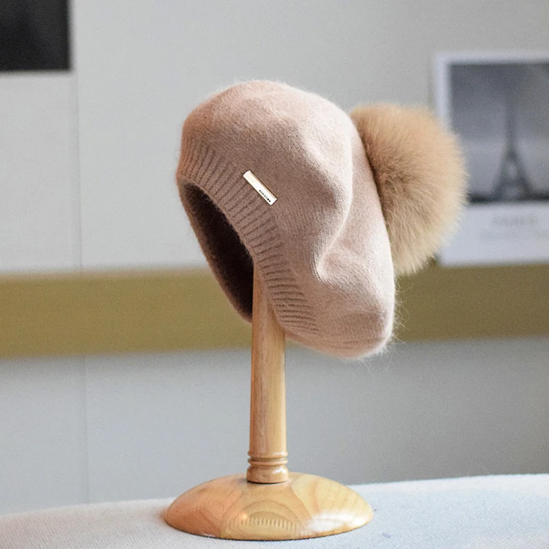

Beret Pompom Women Hat Winter Angora Knit Beanie Real Fox Fur Warm Soft Skiing Accessory For Sports Outdoors Holiday Luxury