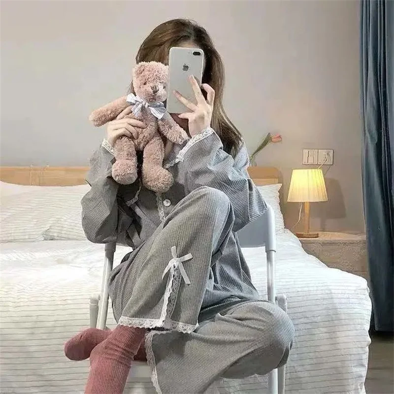 Pajamas Set Sexy Lace Sleepwear For Women Comfortable Full-Sleeve Pyjama Women's Fashion Princess Grey Homewear Big Size