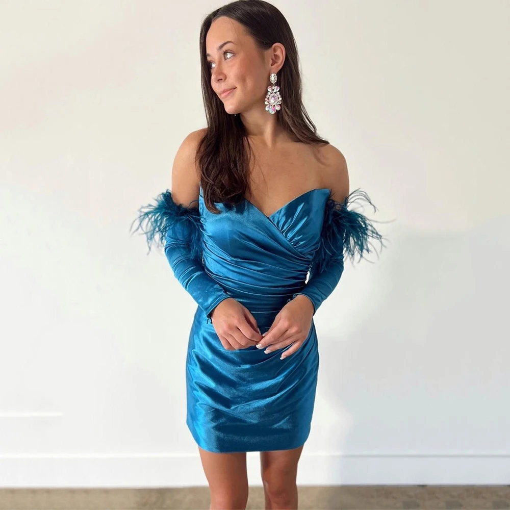 

Sexy Mini Dress Party Dress Long Sleeve Sweetheart Neck Sheath Backless Prom Gown Feathers Evening Dress платья на торжество