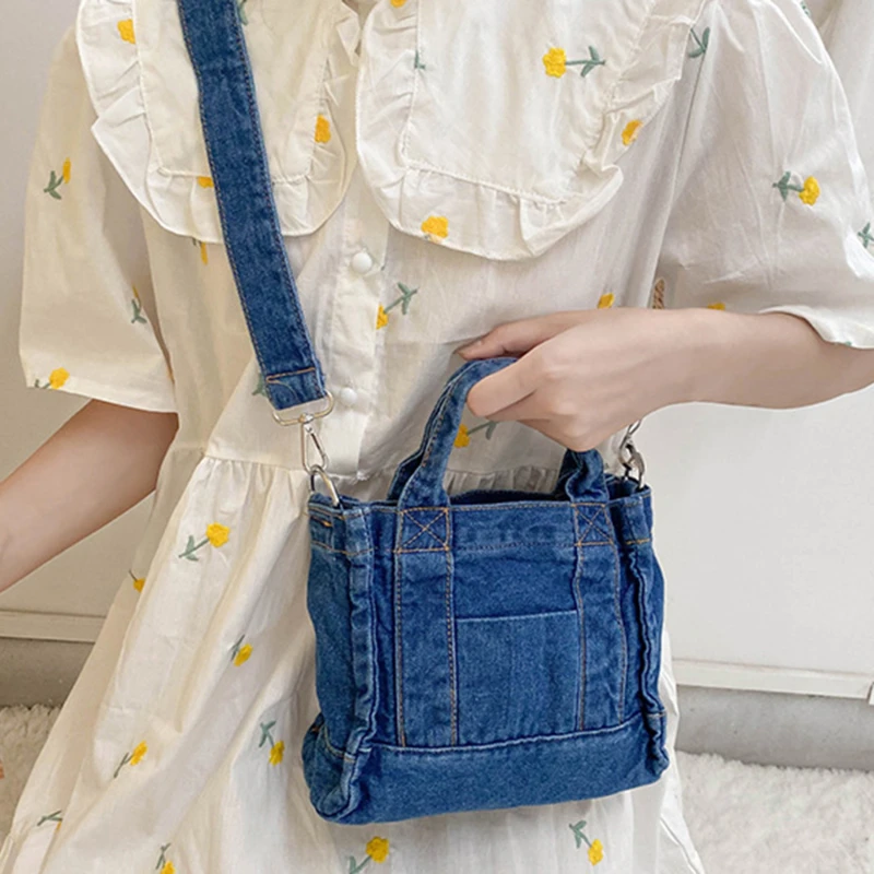 

Canvas Cloth Women Little Shoulder Bag Girl Blue Canvas Fabric Handbag Small Casual Tote Detachable Strap Lady Zipper Purse