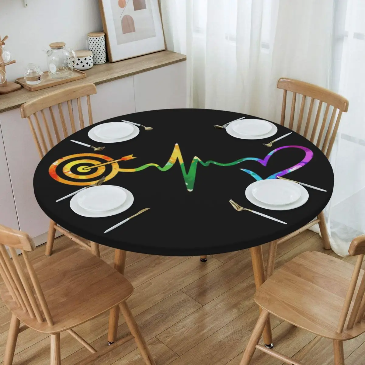 

Round Waterproof Oil-Proof Archery Heartbeat Tablecloth Backed Elastic Edge Table Covers Archer Bow Hunting Sport Table Cloth