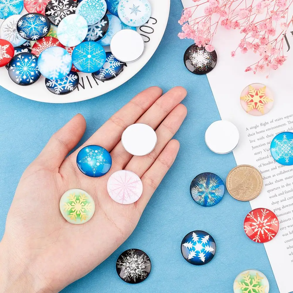 70Pcs Colored Snowflake Pattern Glass Cabochons 25mm Dome Flatback  Spacers for DIY Christmas Theme Jewelry Making Accessories
