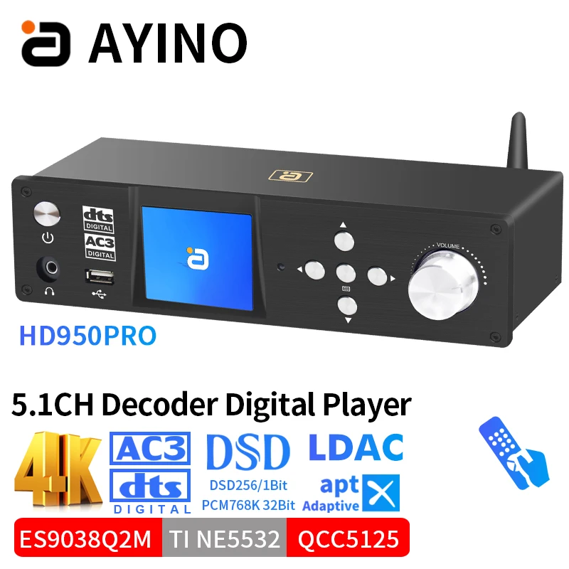 5.1-канальный DTSHD-декодер для Audio Atmos ESS9038q2m*3 преобразователь 4K HDMI2.0 Qcc5125 Bluetooth5.1