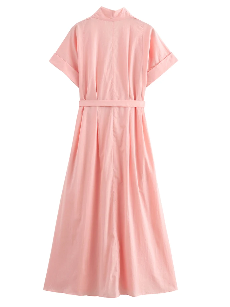 Женское платье-рубашка с поясом V-образным вырезом и коротким рукавом