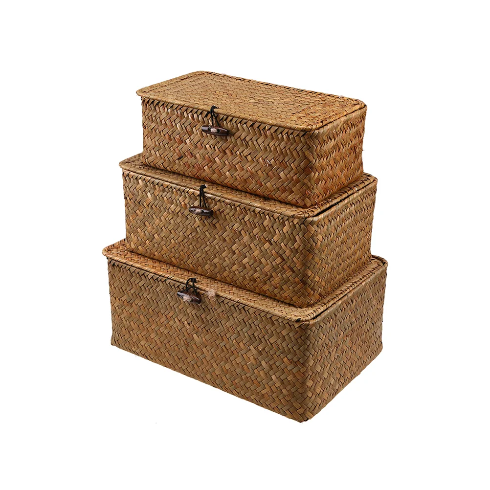 

Storage Basket Woven Baskets Wicker Box Seagrass Lid Rattan Organizer Bins Seaweed Desktop Shelf Container Lids Bin Hyacinth