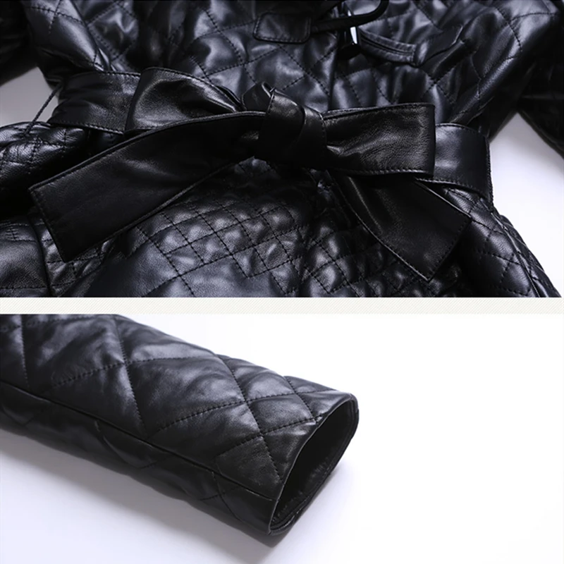 Women's Winter Coats Long Slim Down Jacket Female 2022 Sheepskin Leather Clothing Hooded Belt Faux Mink Fur Collar Balck Parkas