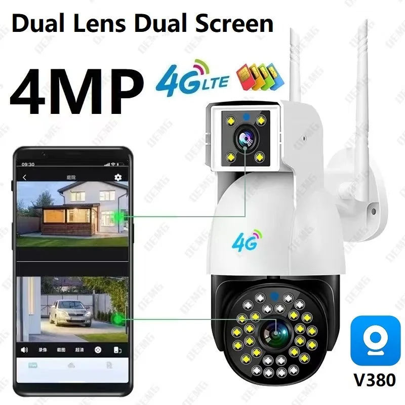 

4MP Dual Lens 4G Camera Dual Screen Outdoor 4G SIM Card PTZ Camera Auto Tracking Motion Detection Color Night Vision