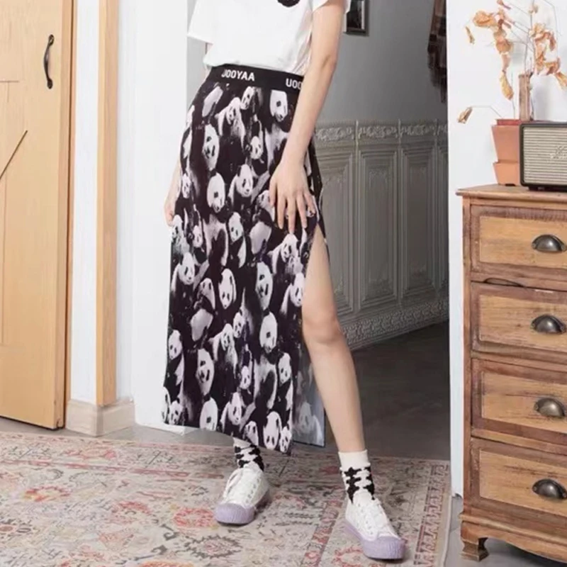 

Panda Printed Pleated Skirts Women Sexy High Street Elastic Waist Split Midi Skirt Straight Summer Harajuku Y2K Gothic Grunge