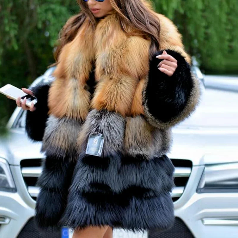 Luxurious Fashion Faux Fur Coat Autumn Winter 2021 Women Casual Warm Slim Long Faux Mink Fur Pocket Patchwork Fur Jacket Elegant