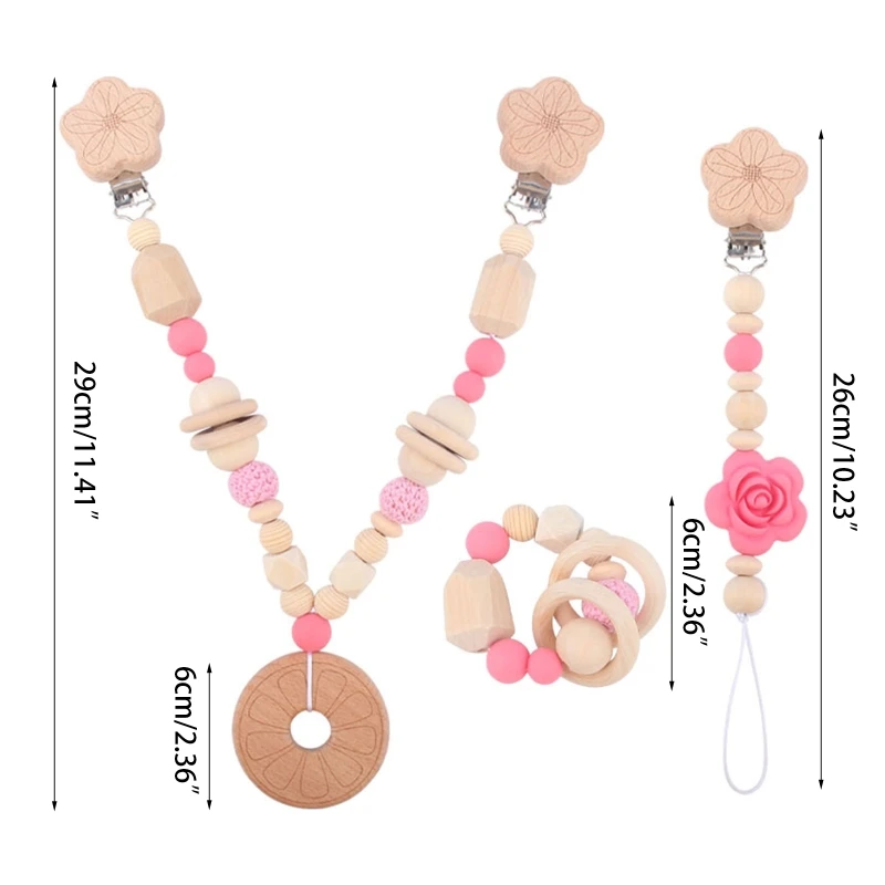 

Cute Rose Flower Baby Pram Pendant Rattle Pacifier Chain Clip Wooden Beads Bracelet Bed Bell Mobile Rattles Infants Teether P31B