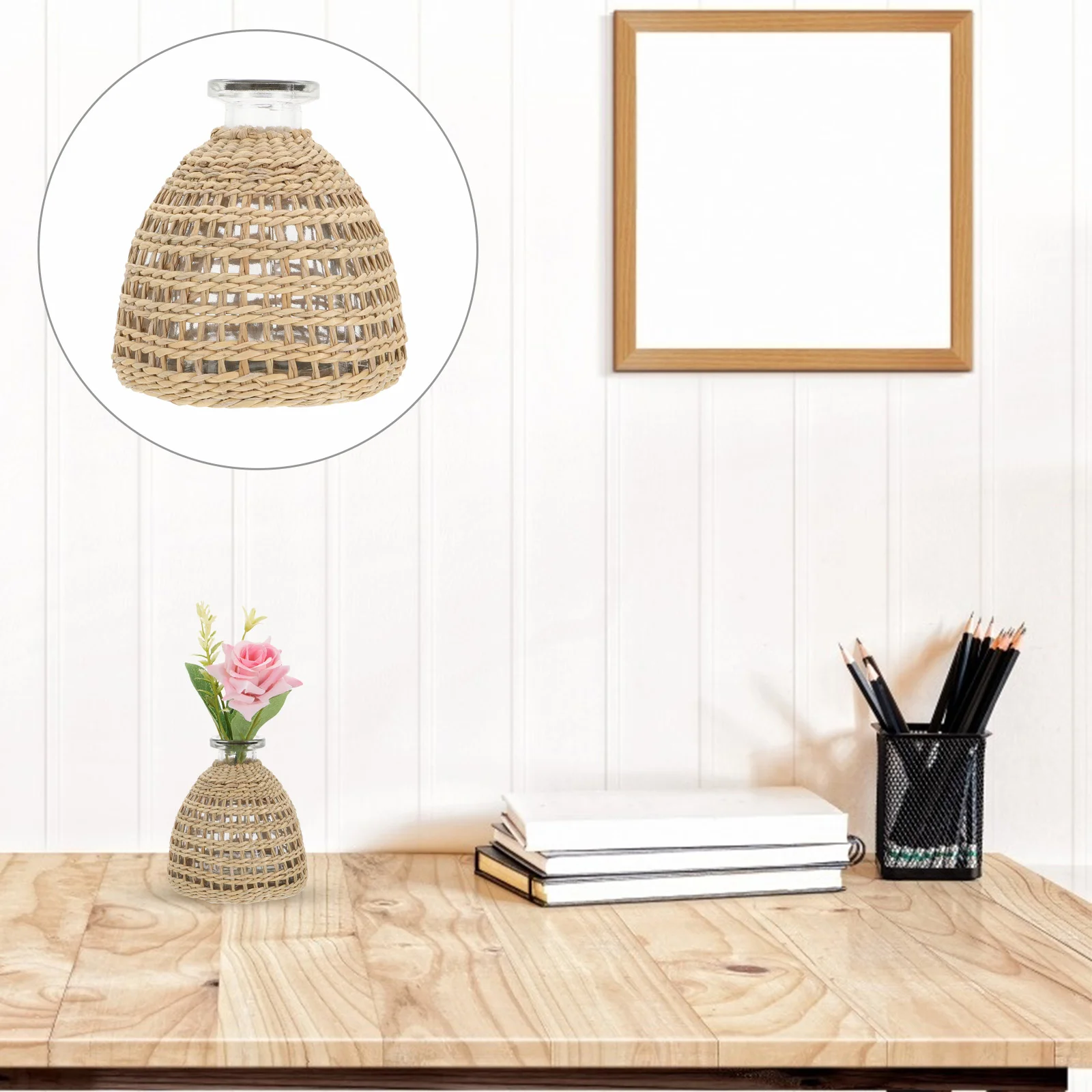 

Vase Flower Glass Woven Seagrass Rattan Farmhouse Basket Budwith Wicker Vintage Single Rope Pot Rustic Net Desktop Decor