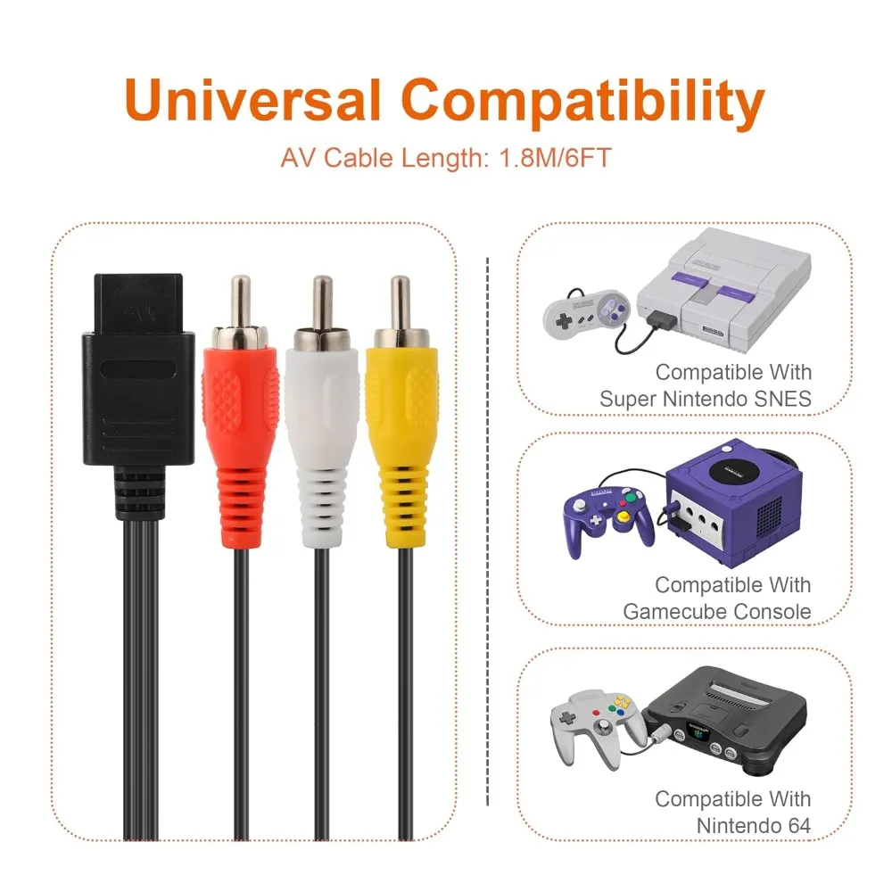 Фото Высококачественный AV-кабель N64/Gamecube/SNES/SFC, аксессуары для видеоигровой консоли в стиле ретро, 1,8 м/6 футов, композитный кабель для ТВ, аудио и видео, шнур №2