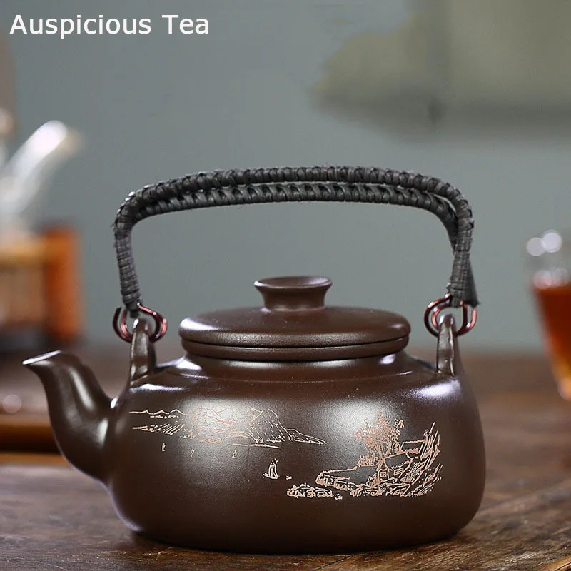770ml Authentic Yixing Raw Ore Purple Clay High Capacity Loop-handled Teapot  Handmade Sculpture Landscape Chinese Kungfu Teaset