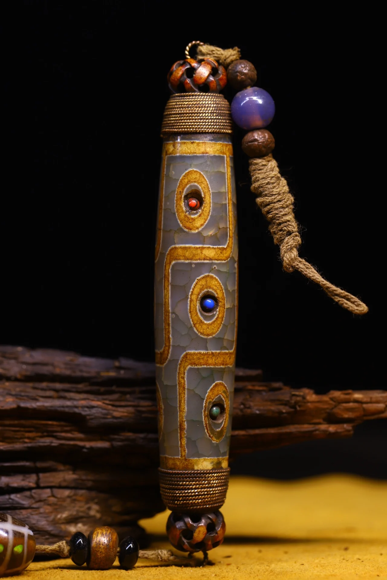 

5"Tibetan Temple Collection Old Natural agate Filigree Mosaic Gem Dzi Beads Nine eyes Amulet Dharma Town House Exorcism