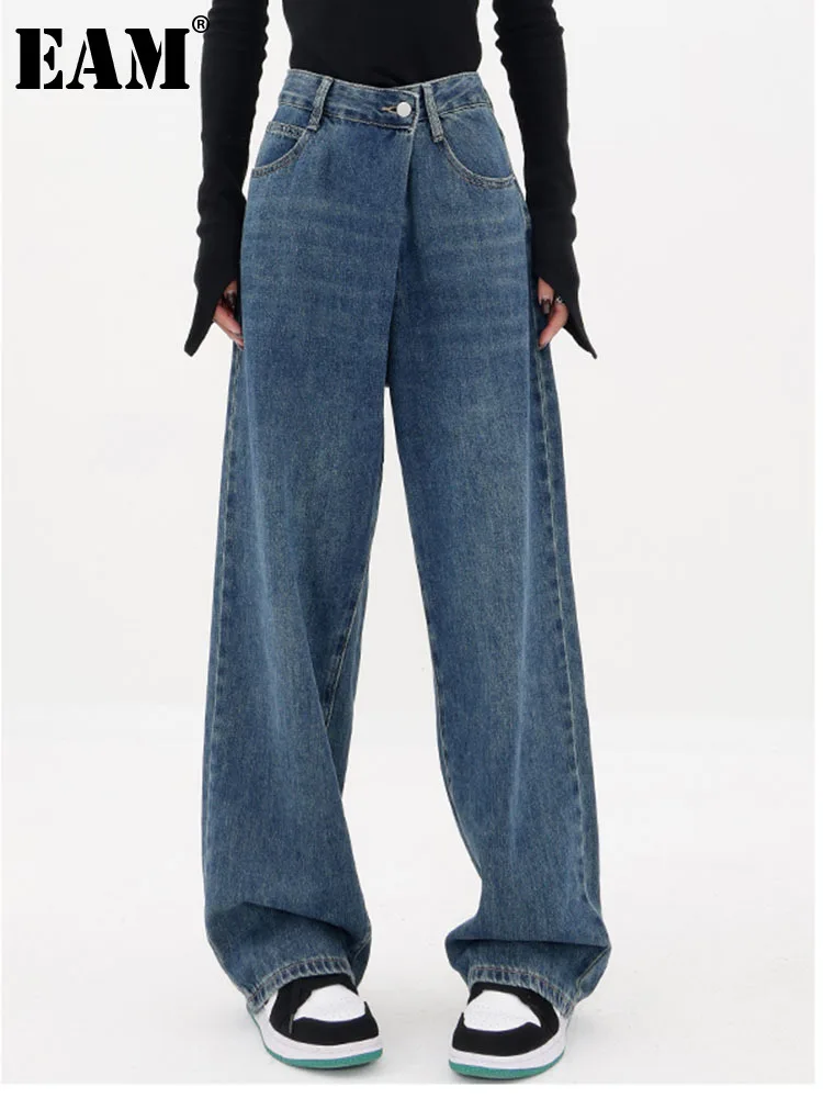 

[EAM] High Waist Blue Vintage Casual Pleated Pants New Straight Loose Fit Trousers Women Fashion Tide Autumn Winter 2023 1DF3610