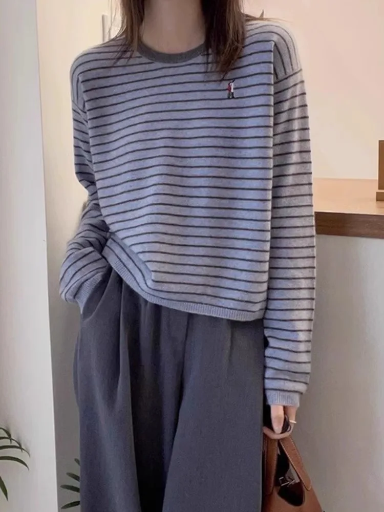Осенне-зимняя удобная и универсальная рубашка в полоску с круглым вырезом