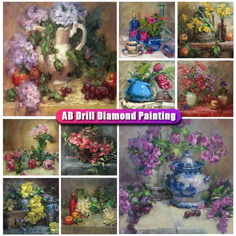 

YIMEIDO AB Diamond Painting Flower Vase Full Square Round Diamond Mosaic Embroidery Landscape Cross-stitch Wall Art DIY Decor