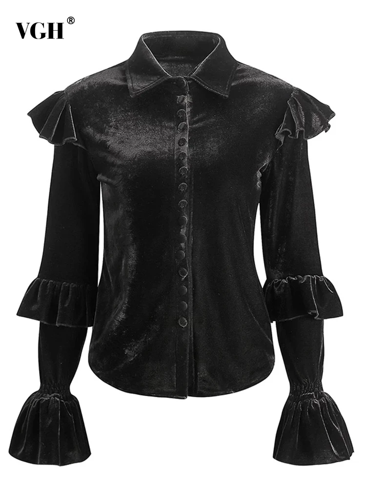 

VGH Vintage Black Shirts Womens Stand Collar Flare Sleeve Patchwork Ruffles Single Breasted Blouse Female 2022 Spring Clothing