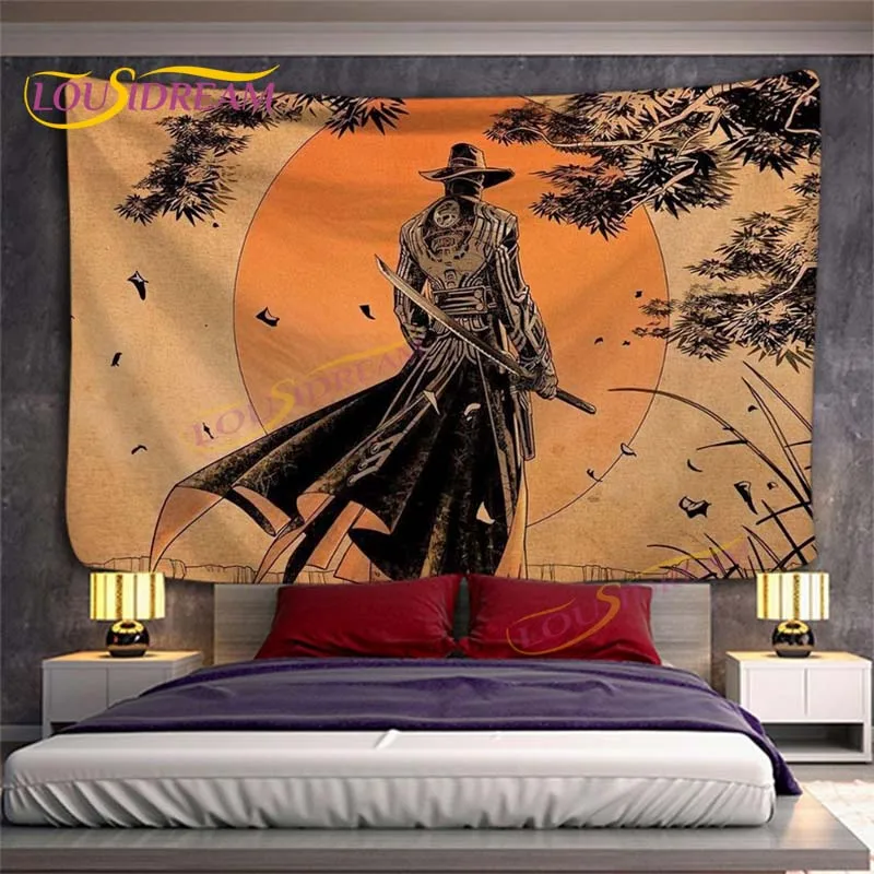 Japanese-style Cartoon Ukiyo Printed Hanging Tapestry Samurai Pattern Black Cat Wall Kanagawa Waves |