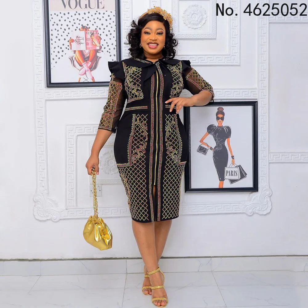 

2022 Summer Autumn Stripe Diamonds Africa Clothing Muslim Midi Dress High Quality Fashion For Lady African Dresses For Women