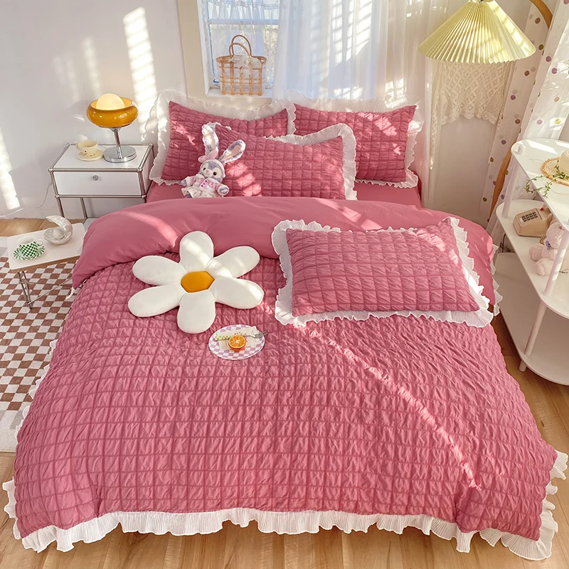 

Korean Princess Style Seersucker Chiffon Ruffle Bedding Set Queen King Quilt/Duvet Cover Set Bed Skirt Or Bed Linen Pillow Shams