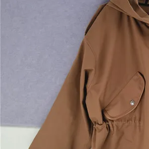Women Solid Color Windbreaker Coat British Style Zipper Drawstring Elastic Waist Hooded Jacket for L