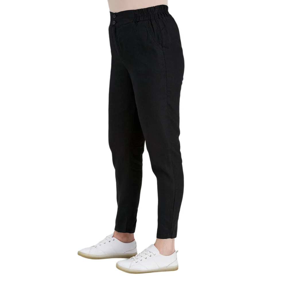 Fierte Women Large Size Pants rg1612 Linen High Elastic Waist Tight Bell-Bottomed Sports Wrist Length
