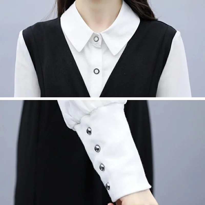 Elegant Wide Leg Jumpsuit Women Office Lady Two Piece Set Long Sleeve White Shirt Black Bodysuit Combinaison Femme Monos Mujer