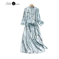 21mm heavy elastic satin 2022 womens fashion summer new silk dress stand collar blue mulberry silk loose medium length dress
